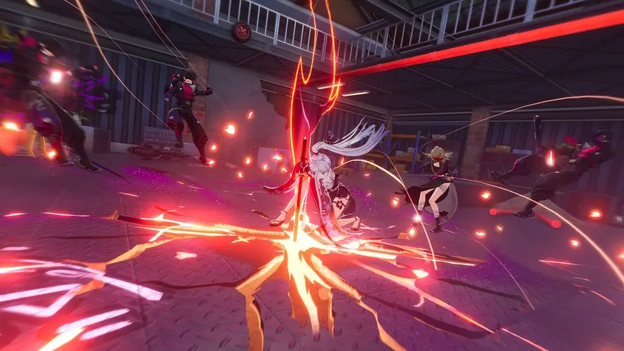 A white-haired Esper unleashes a crimson slash that throws several enemies across a warehouse floor